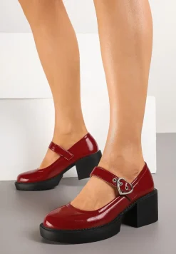Bordowe Lakierowane Półbuty na Słupku i Platformie Mary Jane ze Skórzaną Wkładką Rorina