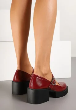 Bordowe Lakierowane Półbuty na Słupku i Platformie Mary Jane ze Skórzaną Wkładką Rorina