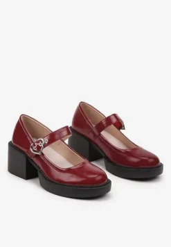Bordowe Lakierowane Półbuty na Słupku i Platformie Mary Jane ze Skórzaną Wkładką Rorina