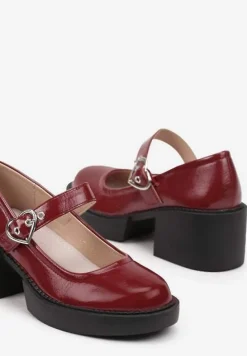 Bordowe Lakierowane Półbuty na Słupku i Platformie Mary Jane ze Skórzaną Wkładką Rorina