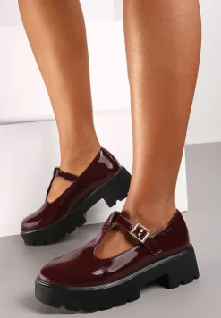 Bordowe Lakierowane Półbuty na Platformie Wykończone Paskiem i Sprzączką Velariela