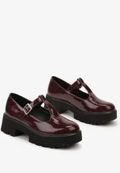 Bordowe Lakierowane Półbuty na Platformie Wykończone Paskiem i Sprzączką Velariela