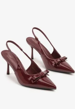 Bordowe Lakierowane Sandały Szpilki Vices Typu Slingback z Kokardą Dorozia