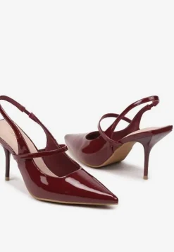 Bordowe Lakierowane Sandały Vices na Szpilce z Wkładką ze Skóry Naturalnej i Paskami Sanniraen