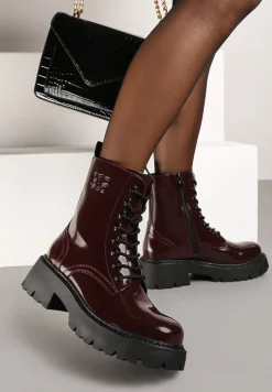 Bordowe Lakierowane Sznurowane Botki Vices na Platformie w Stylu Workerów Ozdobione Tłoczeniem Neavilora