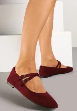 Bordowe Płaskie Balerinki z Ozdobnymi Paskami Zinollia