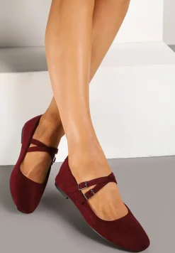 Bordowe Płaskie Balerinki z Ozdobnymi Paskami Zinollia
