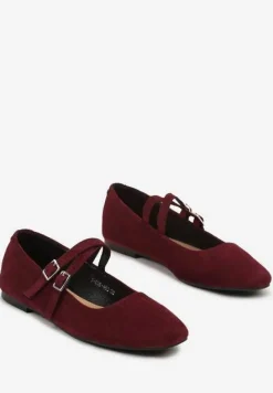 Bordowe Płaskie Balerinki z Ozdobnymi Paskami Zinollia