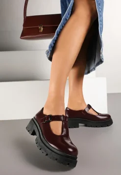 Bordowe Płaskie Półbuty z Paskami na Sprzączkę Elosie