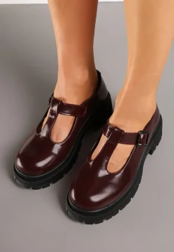 Bordowe Płaskie Półbuty z Paskami na Sprzączkę Elosie