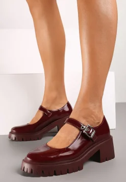 Bordowe Półbuty Mary Jane na Słupku i Tłoczonej Platformie Evanelle