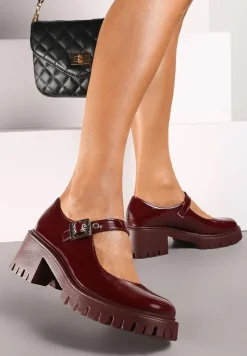 Bordowe Półbuty Mary Jane na Słupku i Tłoczonej Platformie Evanelle