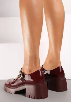 Bordowe Półbuty Mary Jane na Słupku i Tłoczonej Platformie Evanelle