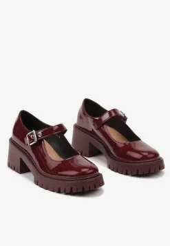 Bordowe Półbuty Mary Jane na Słupku i Tłoczonej Platformie Evanelle