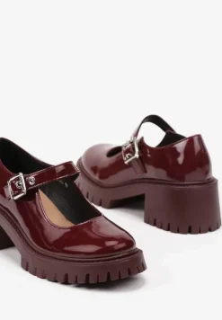 Bordowe Półbuty Mary Jane na Słupku i Tłoczonej Platformie Evanelle