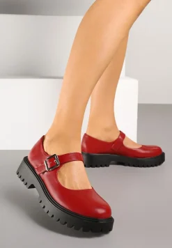 Bordowe Półbuty Mary Jane na Platformie z Paskiem i Sprzączką Erisitha