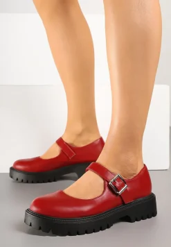 Bordowe Półbuty Mary Jane na Platformie z Paskiem i Sprzączką Erisitha