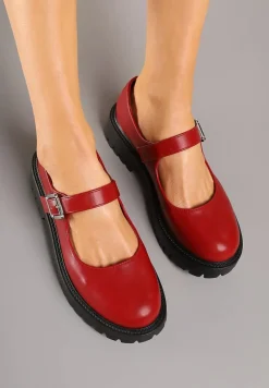Bordowe Półbuty Mary Jane na Platformie z Paskiem i Sprzączką Erisitha
