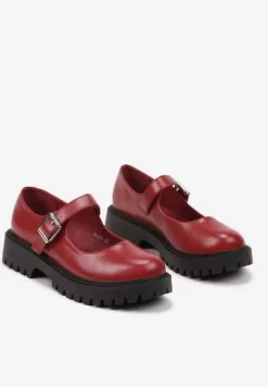 Bordowe Półbuty Mary Jane na Platformie z Paskiem i Sprzączką Erisitha