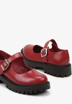 Bordowe Półbuty Mary Jane na Platformie z Paskiem i Sprzączką Erisitha