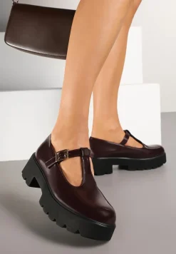 Bordowe Półbuty na Grubej Podeszwie z Zapięciem na Sprzączkę Mevastra