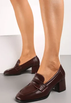 Bordowe Półbuty na Niskim Słupku z Ozdobnym Paskiem i Kwadratowym Noskiem Porride