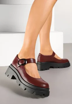 Bordowe Półbuty na Platformie w Stylu Mary Jane Ozdobione Metaliczną Sprzączką Zinida