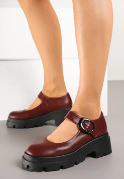 Bordowe Półbuty na Platformie w Stylu Mary Jane Ozdobione Metaliczną Sprzączką Zinida