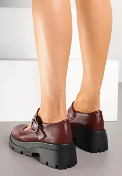 Bordowe Półbuty na Platformie w Stylu Mary Jane Ozdobione Metaliczną Sprzączką Zinida