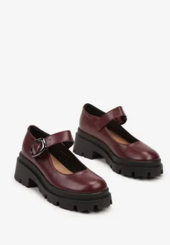 Bordowe Półbuty na Platformie w Stylu Mary Jane Ozdobione Metaliczną Sprzączką Zinida