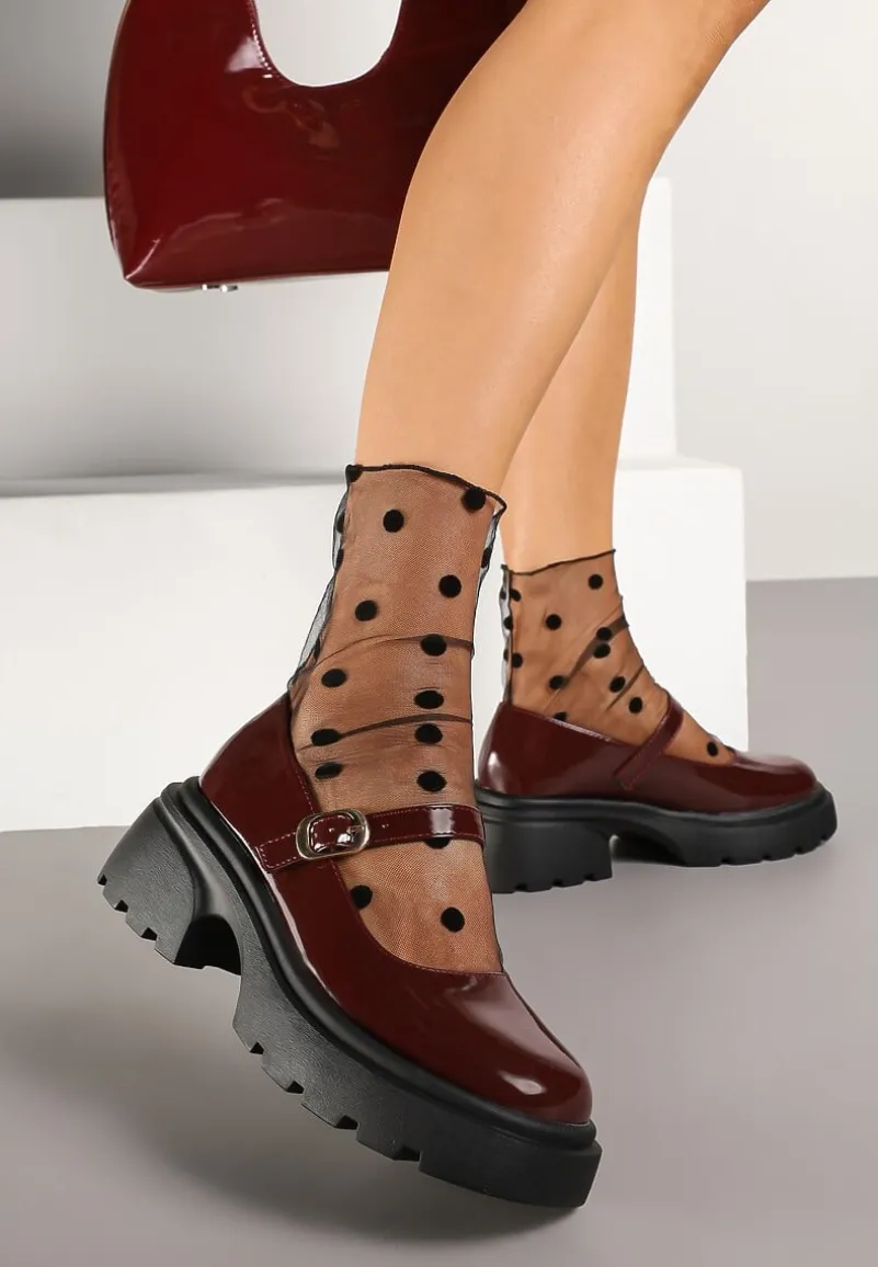 Bordowe Półbuty na Platformie w Stylu Mary Jane z Paskiem Vailin