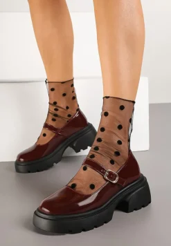 Bordowe Półbuty na Platformie w Stylu Mary Jane z Paskiem Vailin