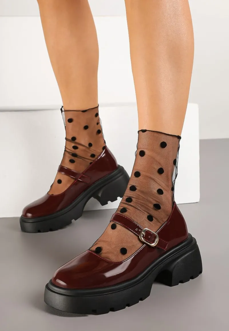 Bordowe Półbuty na Platformie w Stylu Mary Jane z Paskiem Vailin