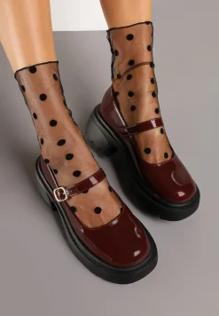 Bordowe Półbuty na Platformie w Stylu Mary Jane z Paskiem Vailin