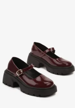 Bordowe Półbuty na Platformie w Stylu Mary Jane z Paskiem Vailin