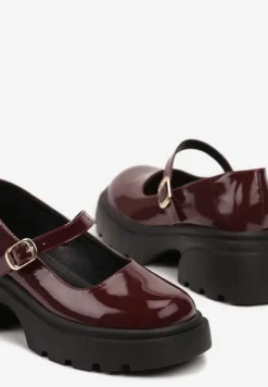 Bordowe Półbuty na Platformie w Stylu Mary Jane z Paskiem Vailin