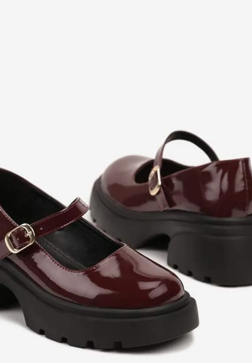 Bordowe Półbuty na Platformie w Stylu Mary Jane z Paskiem Vailin