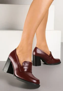 Bordowe Półbuty na Słupku z Kwadratowym Noskiem Teiga