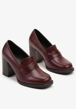Bordowe Półbuty na Słupku z Kwadratowym Noskiem Teiga