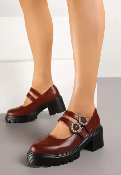 Bordowe Półbuty na Tłoczonym Obcasie z Paskami i Sprzączkami Ozdobionymi Cyrkoniami Inalinne