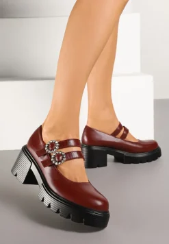 Bordowe Półbuty na Tłoczonym Obcasie z Paskami i Sprzączkami Ozdobionymi Cyrkoniami Inalinne