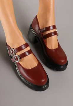 Bordowe Półbuty na Tłoczonym Obcasie z Paskami i Sprzączkami Ozdobionymi Cyrkoniami Inalinne