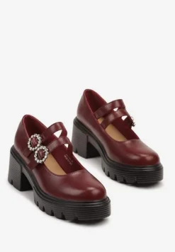 Bordowe Półbuty na Tłoczonym Obcasie z Paskami i Sprzączkami Ozdobionymi Cyrkoniami Inalinne