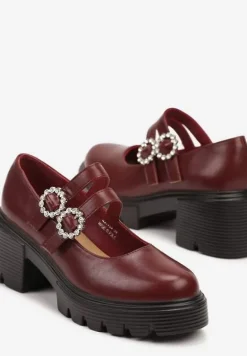 Bordowe Półbuty na Tłoczonym Obcasie z Paskami i Sprzączkami Ozdobionymi Cyrkoniami Inalinne