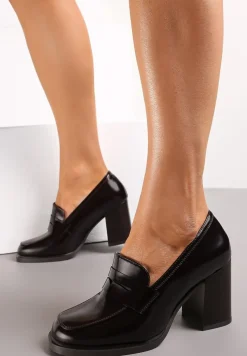 Bordowe Półbuty na Wysokim Słupku z Okrągłym Noskiem i Przeszyciami Adenor