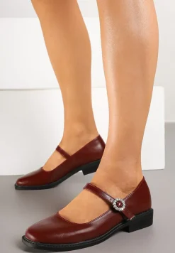 Bordowe Półbuty w Stylu Mary Jane z Klamerką Ozdobioną Cyrkoniami Marineth