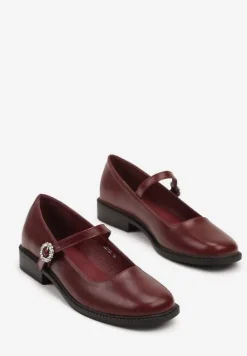 Bordowe Półbuty w Stylu Mary Jane z Klamerką Ozdobioną Cyrkoniami Marineth