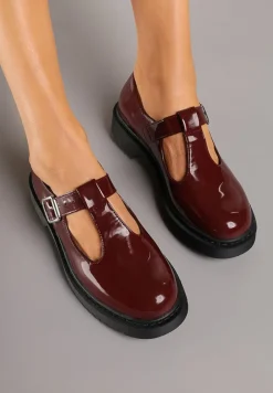 Bordowe Retro Półbuty z Lakierowanym Połyskiem Zapinane na Klamerkę Vortelia