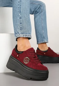 Bordowe Sneakersy Vices na Platformie Ozdobione Metaliczną Aplikacją Tatellia