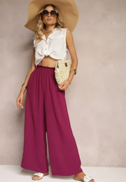 Bordowe Spodnie High Waist z Szerokimi Nogawkami i Gumką w Pasie Risabessa